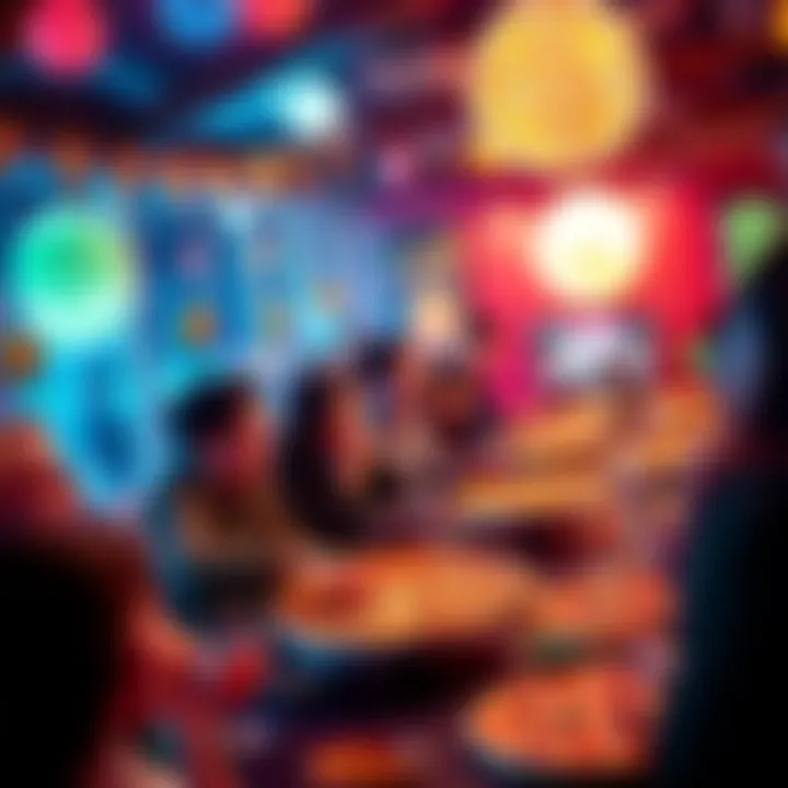 People enjoying pizza at a festive event for Bitcoin Pizza Day with decorations and fun activities