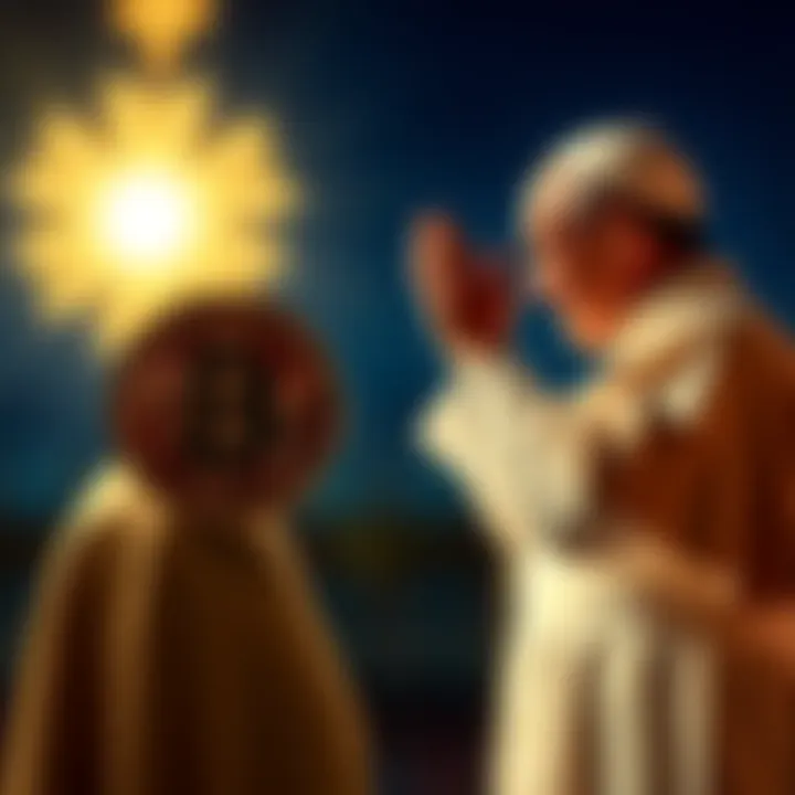 A Bitcoin symbol next to a silhouette of the Pope, representing the connection between cryptocurrency and religion