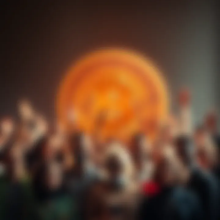 A bright Bitcoin symbol surrounded by happy people from various backgrounds celebrating financial success and community growth