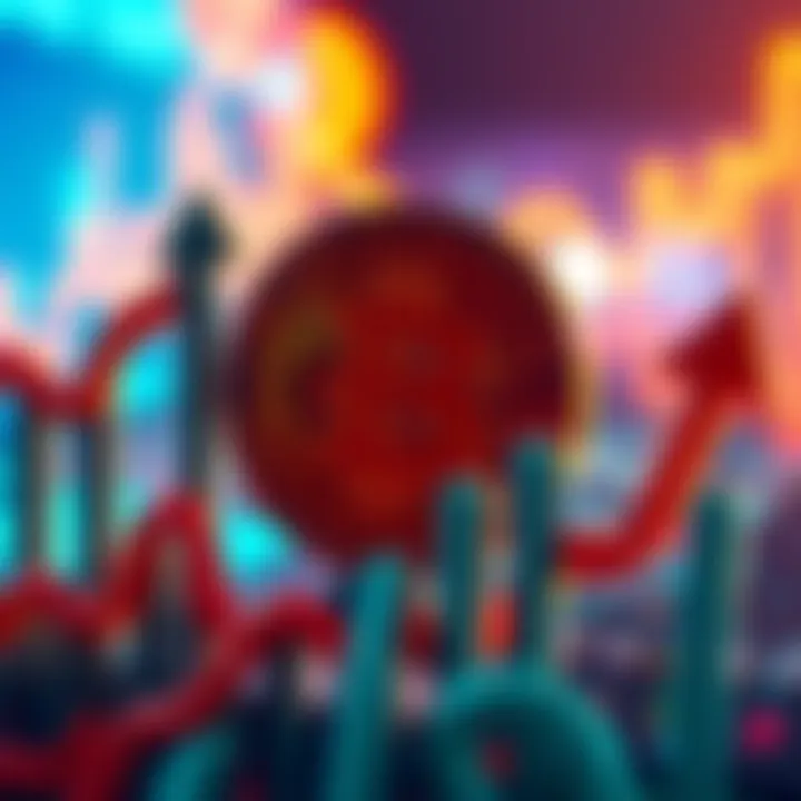 Bitcoin symbol surrounded by upward arrows to indicate growth in the crypto market.