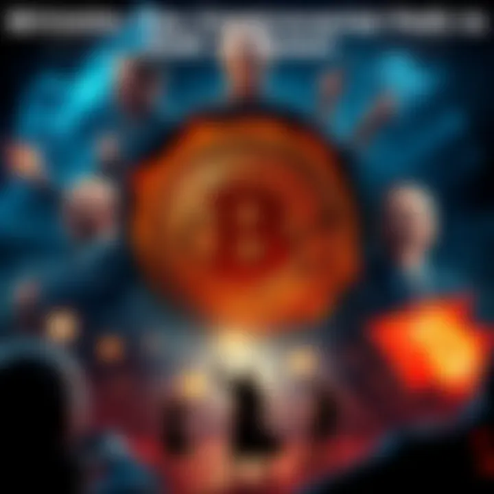 A Bitcoin symbol surrounded by images of people in powerful poses, symbolizing influence and control in society.