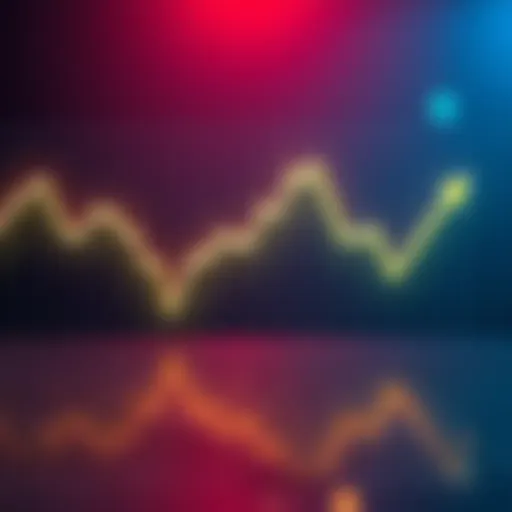 A line graph showing the fluctuations in Bitcoin's value with arrows indicating upward and downward trends, representing market volatility due to external factors.