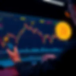 A line graph showing fluctuating Bitcoin prices with a bullish trend and market sentiment indicators, alongside a trader analyzing the data on a laptop.