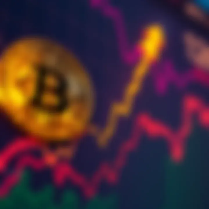 A price chart showing Bitcoin's value increasing sharply, with arrows indicating growth and potential future predictions.