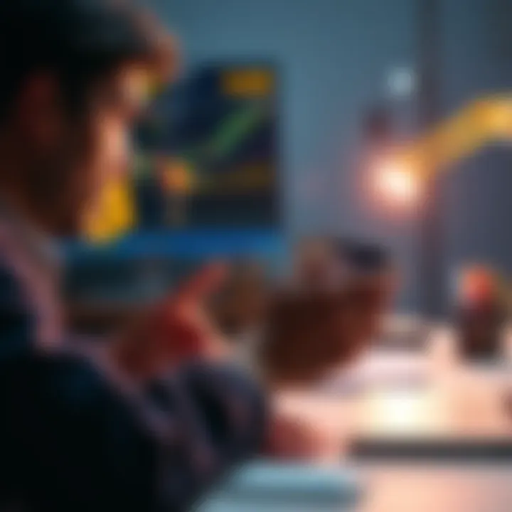 A person anxiously refreshing a Bitcoin price chart on their smartphone while sitting at a desk