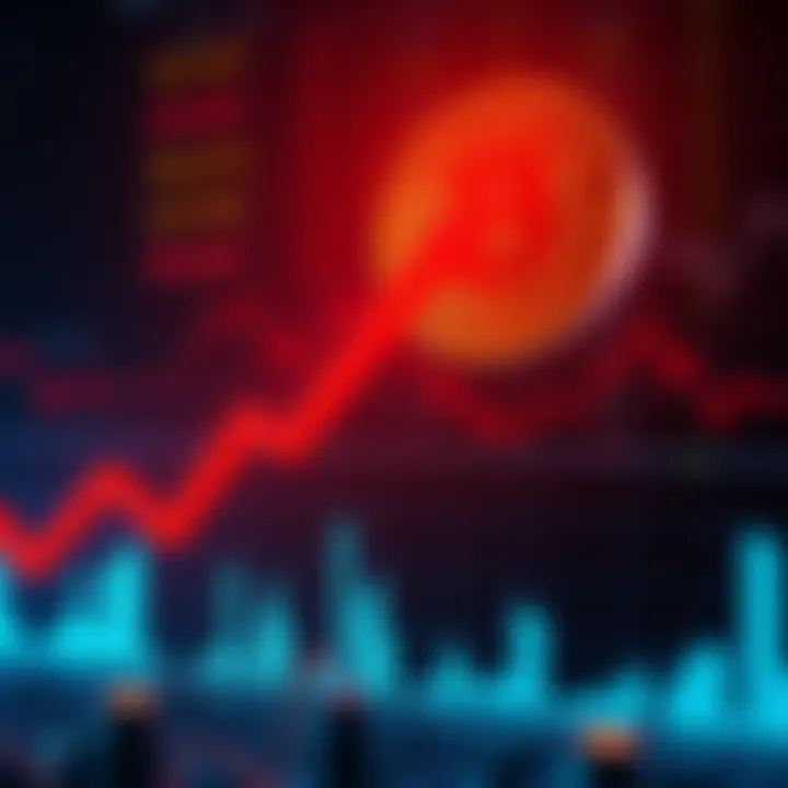 A graph showing a steep decline in Bitcoin prices with a bold red downward arrow