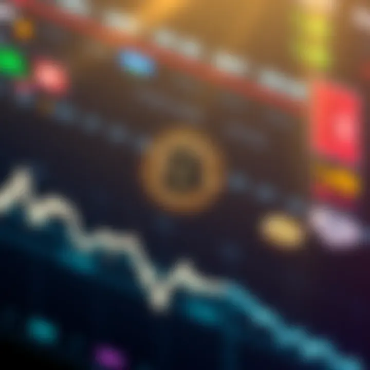 A downward trend line with a Bitcoin logo and falling price indicators, showing market decline.