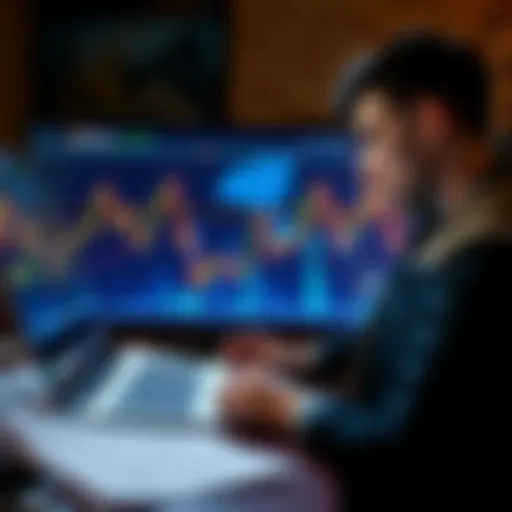 A graph showing a steep decline in Bitcoin prices, with a worried person looking at their laptop and financial documents on the table.