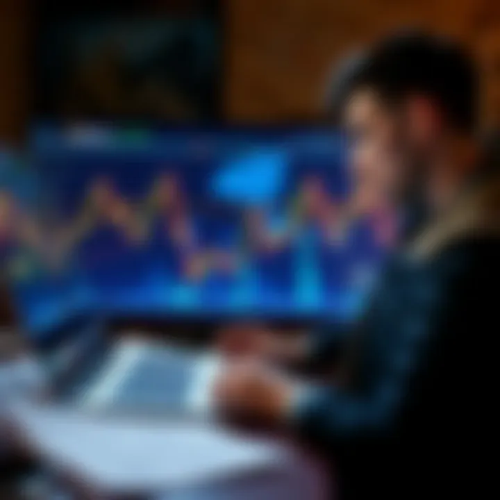 A graph showing a steep decline in Bitcoin prices, with a worried person looking at their laptop and financial documents on the table.