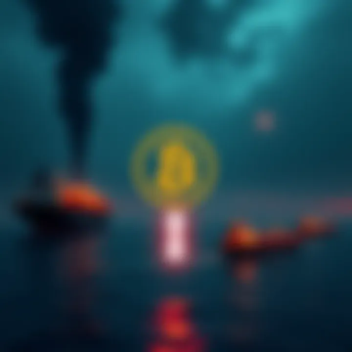 Bitcoin logo with a downward arrow alongside images of oil tankers disappearing in the Strait of Hormuz