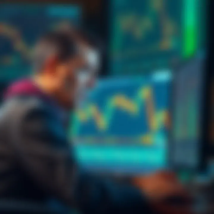 A worried investor looking at a chart showing falling bitcoin prices on a computer screen, considering whether to sell or hold.