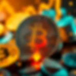 Bitcoin logo with a downward arrow indicating price drop and a background of falling coins