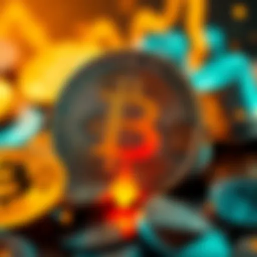 Bitcoin logo with a downward arrow indicating price drop and a background of falling coins