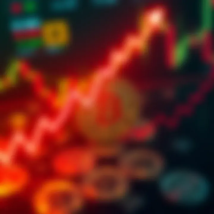 Bitcoin Price Drop A downward trend line chart showing Bitcoin's recent price drop, with a background hinting at trading graphs and currency symbols.
