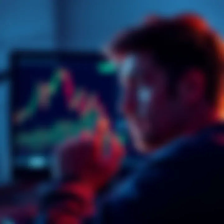 A person looking worried while watching a Bitcoin price chart on a screen, reflecting anxiety during a market downturn.