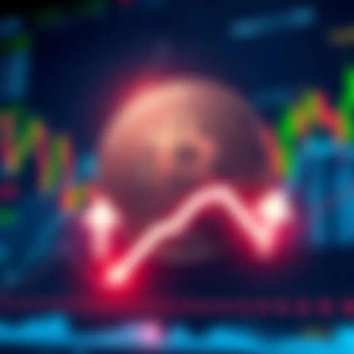 Bitcoin trading at $67K with graphic showing sharp decline in global stock markets, featuring downward arrows and stock chart lines