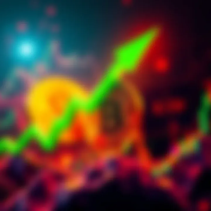 A graph showing Bitcoin price rising sharply with a green upward arrow