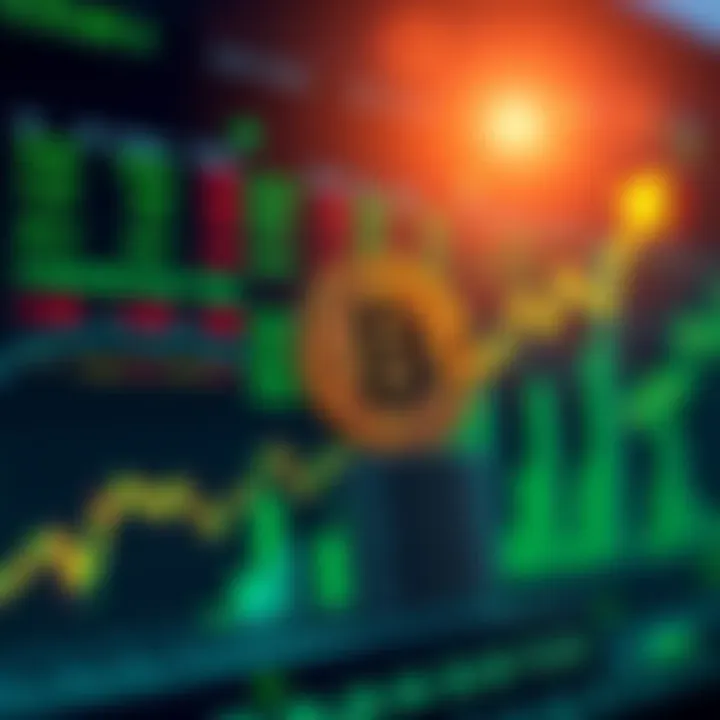 Graph showing a rising trend in Bitcoin prices with a background of financial charts and green indicators