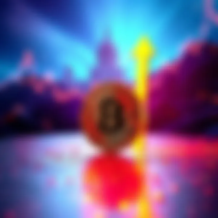 Bitcoin logo with upward arrow indicating price surge past 87,000