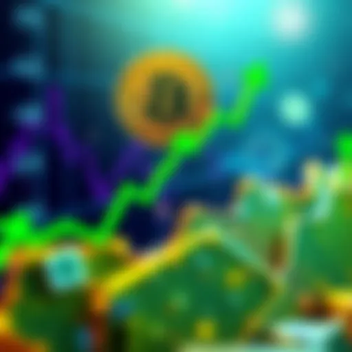 Graph showing Bitcoin price rising sharply with green upward arrows