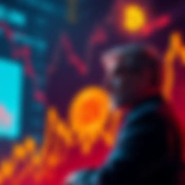 A graph showing Bitcoin's price rising sharply with a worried investor watching. The background includes symbols of financial markets.