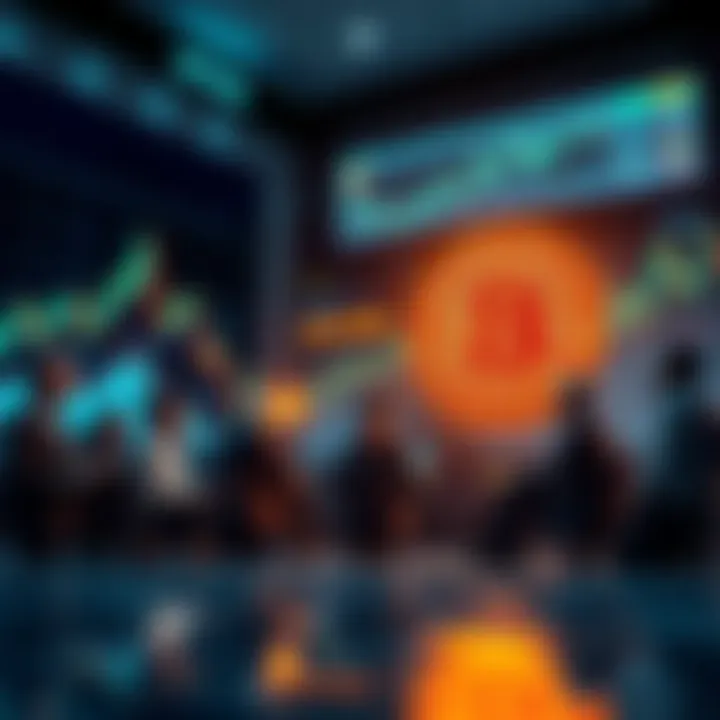 A group of people discussing Bitcoin's future price trends with graphs and charts in the background.