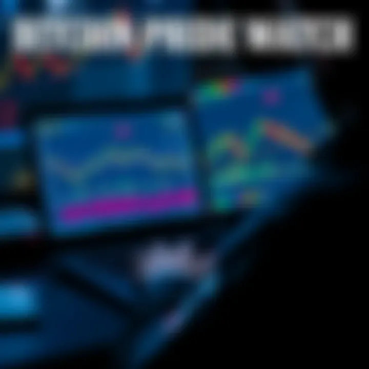 A person analyzing Bitcoin price charts on a laptop, with graphs showing potential price points, including targets like $80k and $1 million, while considering selling strategies.