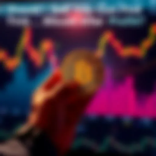 A person holding a Bitcoin with a price chart showing an upward trend, contemplating whether to sell or hold, representing investment choices.