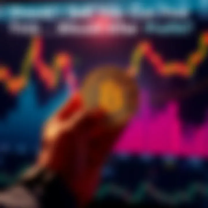 A person holding a Bitcoin with a price chart showing an upward trend, contemplating whether to sell or hold, representing investment choices.