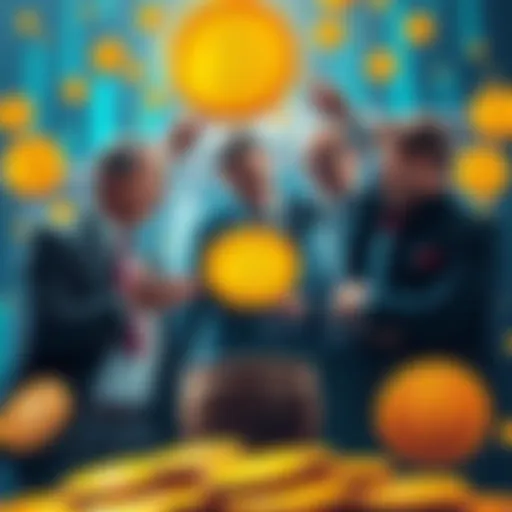 A group of bank executives discussing Bitcoin with enthusiasm, surrounded by digital currency symbols, showing a shift in sentiment.