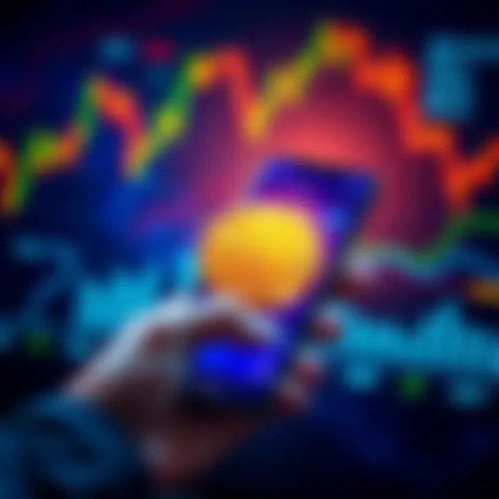 A person buying Bitcoin on a smartphone, surrounded by financial charts and graphs, representing investment and technology.