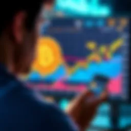 A person looking at a Bitcoin chart on a screen, contemplating a purchase during a price drop, with a smartphone in hand.