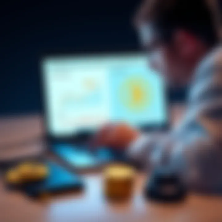 A person reviewing Bitcoin investment options on a laptop with a Trezor wallet beside them