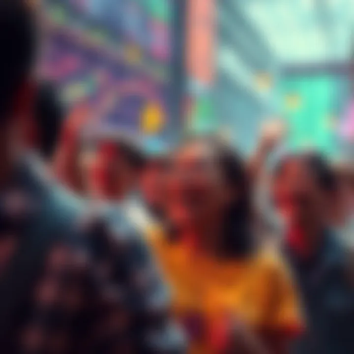 A graphic showing people buying Bitcoin with excitement and anticipation, reflecting market trends and FOMO sentiment.