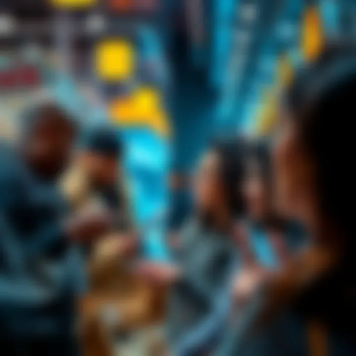 A group of people shopping and using Bitcoin for various items, including luxury goods and everyday necessities.