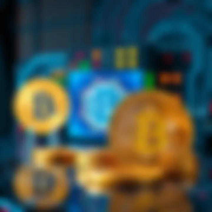 A digital representation of Bitcoin logos with a quantum computer in the background, symbolizing the potential threat to cryptocurrency from quantum technology.