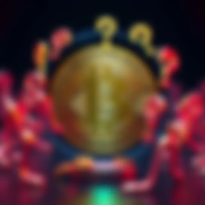 A large Bitcoin symbol surrounded by question marks, symbolizing confusion and debate about its visibility in the market.