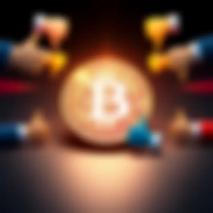 A Bitcoin symbol surrounded by thumbs up and down icons, showing mixed opinions among people about Bitcoin.