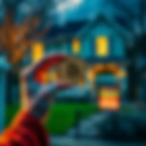 A person holding a Bitcoin coin while standing in front of a house for sale, symbolizing the use of cryptocurrency for purchasing property.