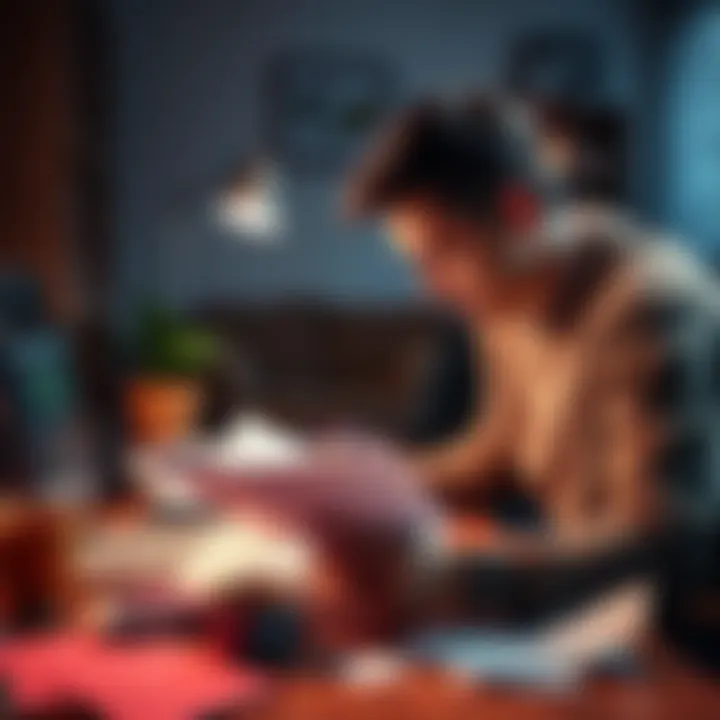 A parent searching through papers and a computer for information about lost bitcoin left by their child.