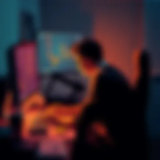 A person sitting at a desk looking stressed while checking Bitcoin prices on a computer screen, showing a chart with fluctuating values.