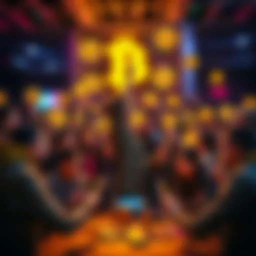 A group of Bitcoin enthusiasts celebrating at a reunion event, sharing investment strategies and camaraderie, holding Bitcoin symbols