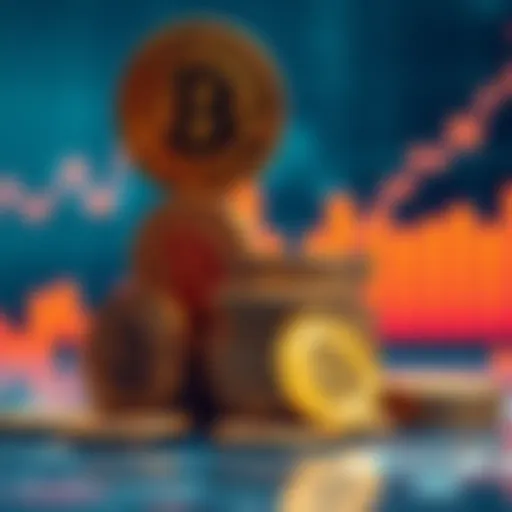 Bitcoin coins stacked with a graph showing growth in the background