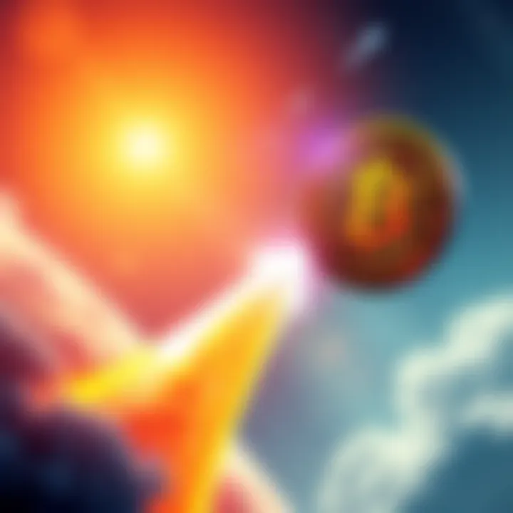 A graphic showing Bitcoin symbol soaring with an upward arrow and bright background, signifying a potential rise in value.