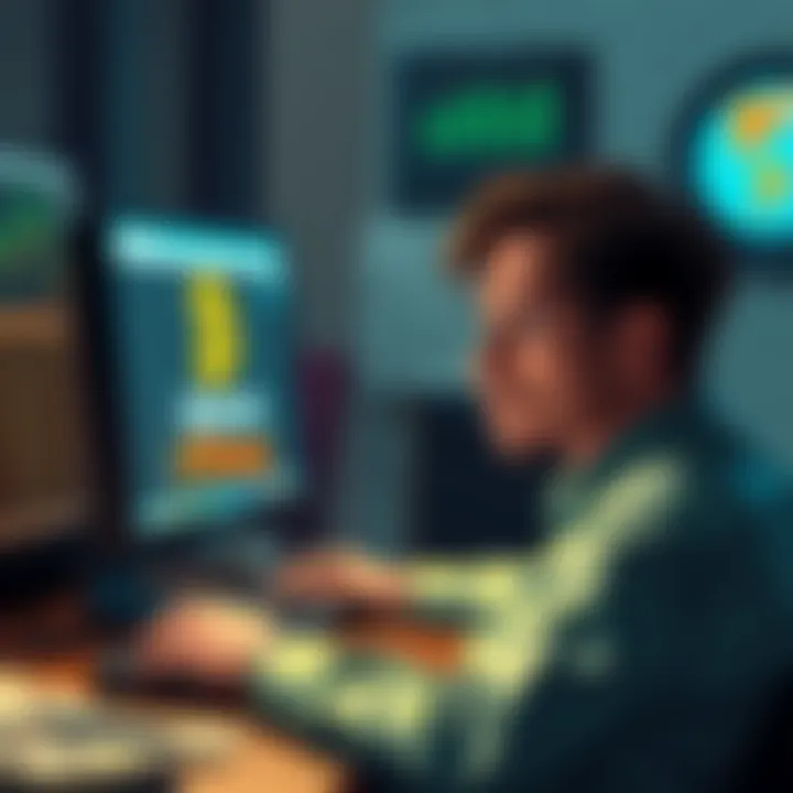 A person using a computer to sell Bitcoin for fiat currency on the Bisq platform, showing a worried expression due to concerns about fraud.