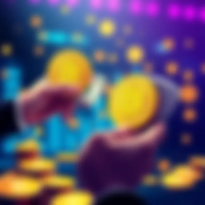 Bitcoin Sale Process Illustration showing a person selling bitcoin with cash and digital currency symbols in the background