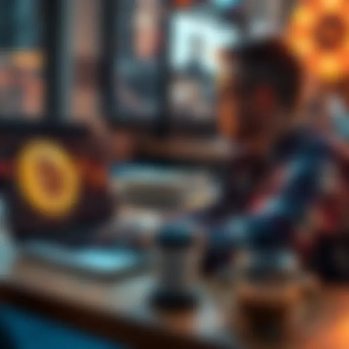 Bitcoin Sale Reflection A thoughtful investor looking at a Bitcoin chart on a laptop, reflecting on past sales decisions, with a coffee cup nearby.