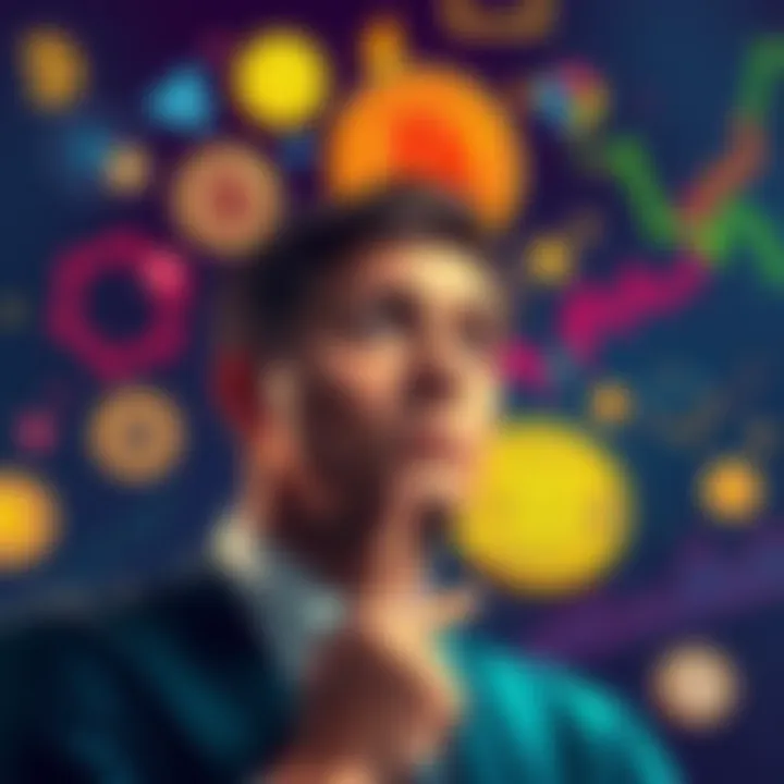 A person contemplating selling Bitcoin, surrounded by cryptocurrency symbols and charts, showing emotions of doubt and thoughtfulness.