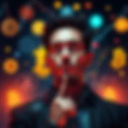 A person contemplating selling Bitcoin, surrounded by symbols of regulations and market fluctuations, with a thoughtful expression.