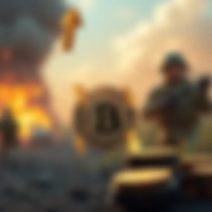 A graphic showing Bitcoin coins with downward arrows, symbolizing the drop in Bitcoin prices due to sell-offs, against a backdrop of military imagery representing the Ukraine conflict.